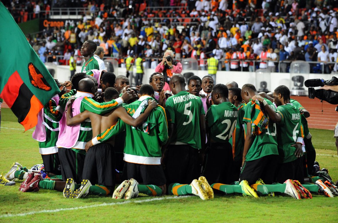 Zambia's players celebrate together after they beat the Ivory Coast 8-7 on penalties at the end of a dramatic Africa Cup of Nations final.