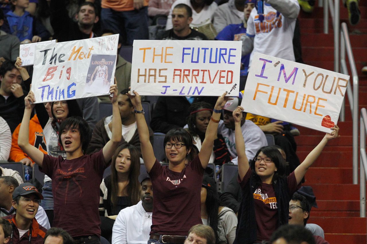 Jeremy Lin's fans held signs during the New York Knicks-Washington Wizards game at Verizon Center in Washington in February 2012.