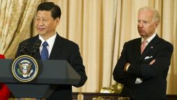 Chinese Vice President Xi Jinping speaks with US Vice President Joe Biden at the State Department in Washington, DC.