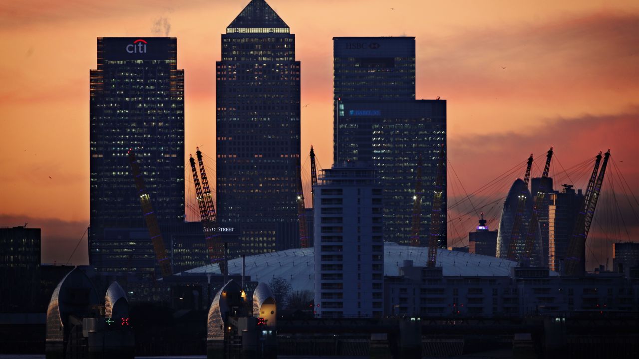 The sun sets behind the London skyline. Ratings agency Fitch puts the UK economy on negative watch.