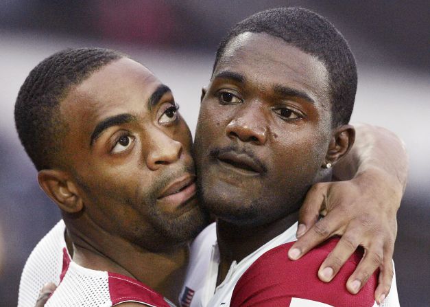 Gay with compatriot Justin Gatlin at the 2005 World Athletics Championships in Helsinki. Gatlin won the 100/200m double, but the 2004 Olympic champion is now on the comeback trail after serving a four-year ban for a positive drug test.