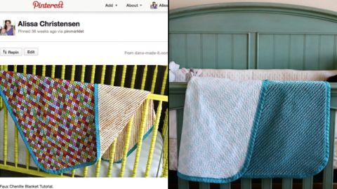 Alissa Christensen says she's learned to sew, quilt and crochet by finding tutorials through Pinterest (left). The Las Vegas, Nevada, stay-at-home mom has used the site to find all kinds of things to create for her baby son, like <a href="http://ireport.cnn.com/docs/DOC-743625">this blanket</a> (right). She says it was the first thing she ever sewed.