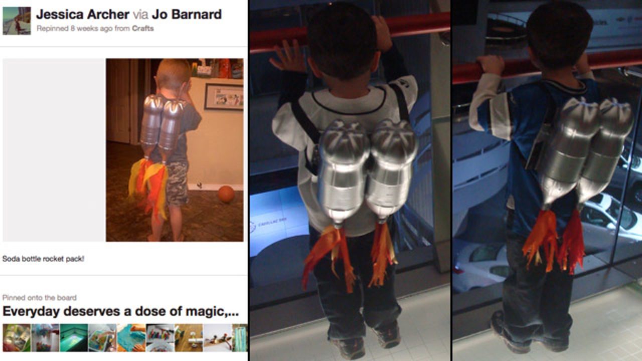 Jessica Archer created these <a href="http://ireport.cnn.com/docs/DOC-743275">rocket packs</a> for her sons after finding inspiration on Pinterest. She says her boys "both think Detroit's Renaissance Center is huge space ship, so I figured this project would be the perfect time to 'blast off' to the top of it." The rockets are made of spray-painted soda bottles!
