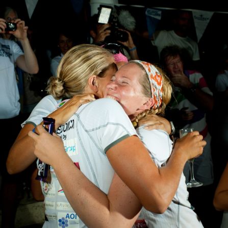 Helen Leigh (right) and Debbie Beale (left) celebrate their double record breaking achievement upon arriving in St Charles, Barbados.