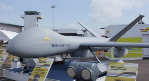 Elbit's Heron drone on display at the Singapore Airshow.