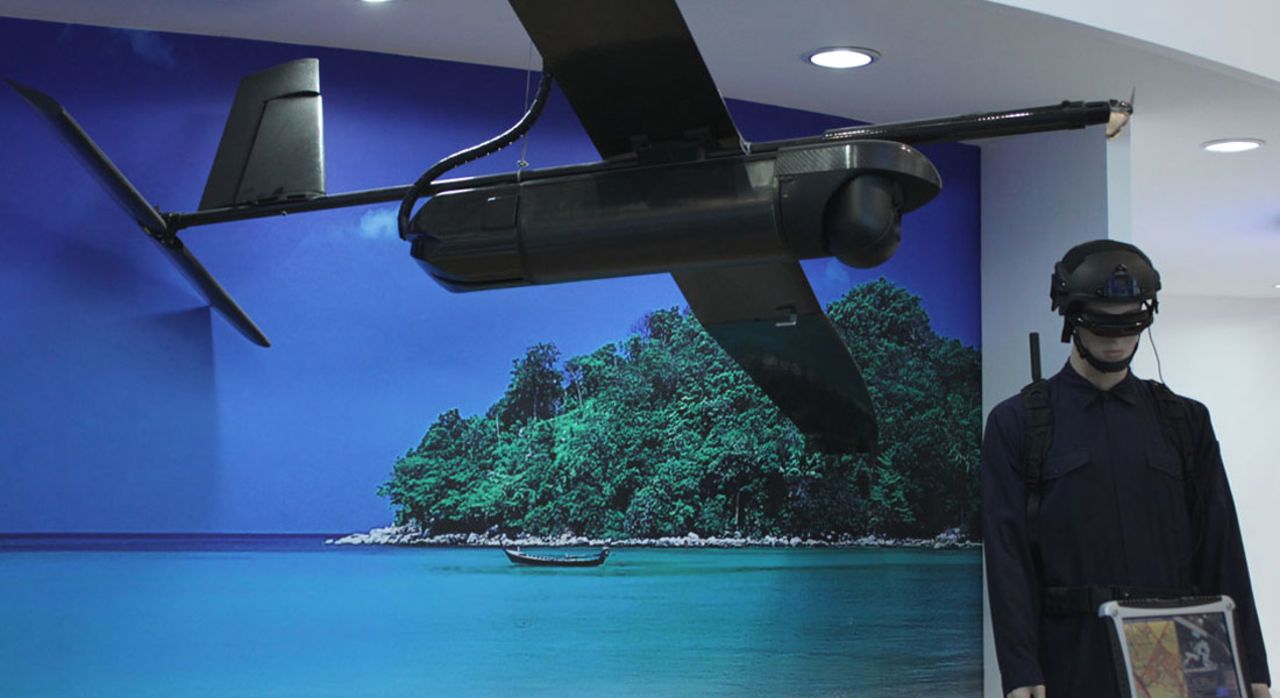 For all your tropical beach surveillance needs. Singaporean ST Aerospace display their prototype Skyblade 360 UAV.