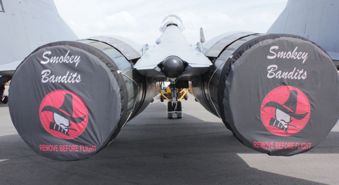 Remove before flight: The engines of the Smokey Bandits' Mig display jet.  