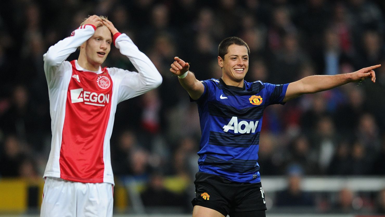 Manchester United's Mexican striker Javier Hernandez celebrates his goal against Dutch side Ajax