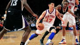 NEW YORK, NY - FEBRUARY 15: Jeremy Lin #17 of the New York Knicks drives past Marcus Thornton #23 of the Sacramento Kings at Madison Square Garden on February 15, 2012 in New York City. NOTE TO USER: User expressly acknowledges and agrees that, by downloading and/or using this Photograph, user is consenting to the terms and conditions of the Getty Images License Agreement. (Photo by Chris Trotman/Getty Images