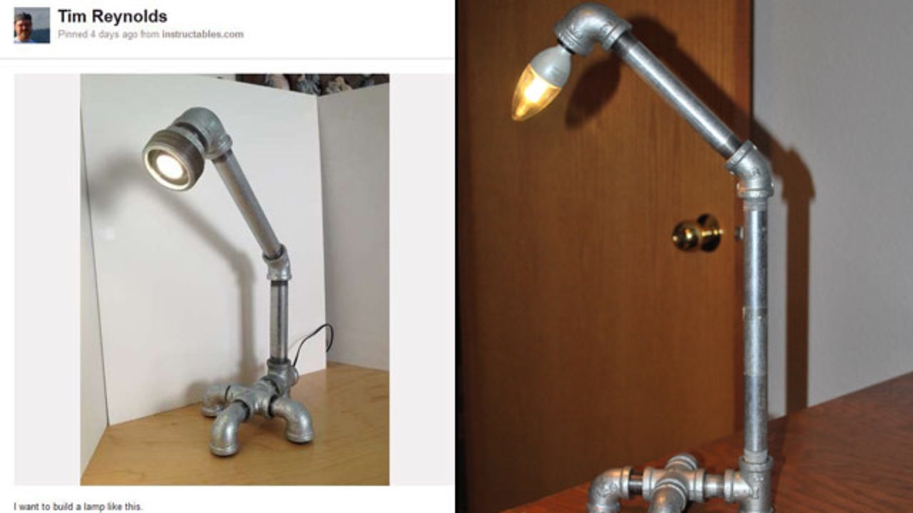 And Pinterest-prompted projects aren't just for the girls! Tim Reynolds built this <a href="http://ireport.cnn.com/docs/DOC-746757">industrial-looking lamp</a> after gathering a bunch of similar lamps on a pinboard. "After gathering several other pipe lamp images on my board, I couldn't stand not trying my hand at building one myself. So, I made a trip to Home Depot and bought the parts I wanted and put it all together," he said. Reynolds had only been on Pinterest for about a week at the time. "I've never been much of a person who cut things out of magazines...so, as a person who embraces tech, Pinterest was a great fit," he said.