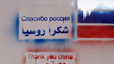 Graffitti reading "Thank you, Russia" and "Thank you, China" on the wall of the Russian Embassy in Damascus, February 15.