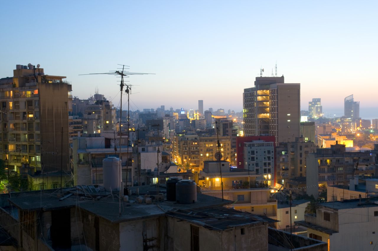 View of Beirut at dusk from the district of Gemmayzeh, taken in June 2009. The World Health Organization recommends 12 sq/m of green space per capita in urban areas. It estimates Beirut has only 0.8 sq/m per person.