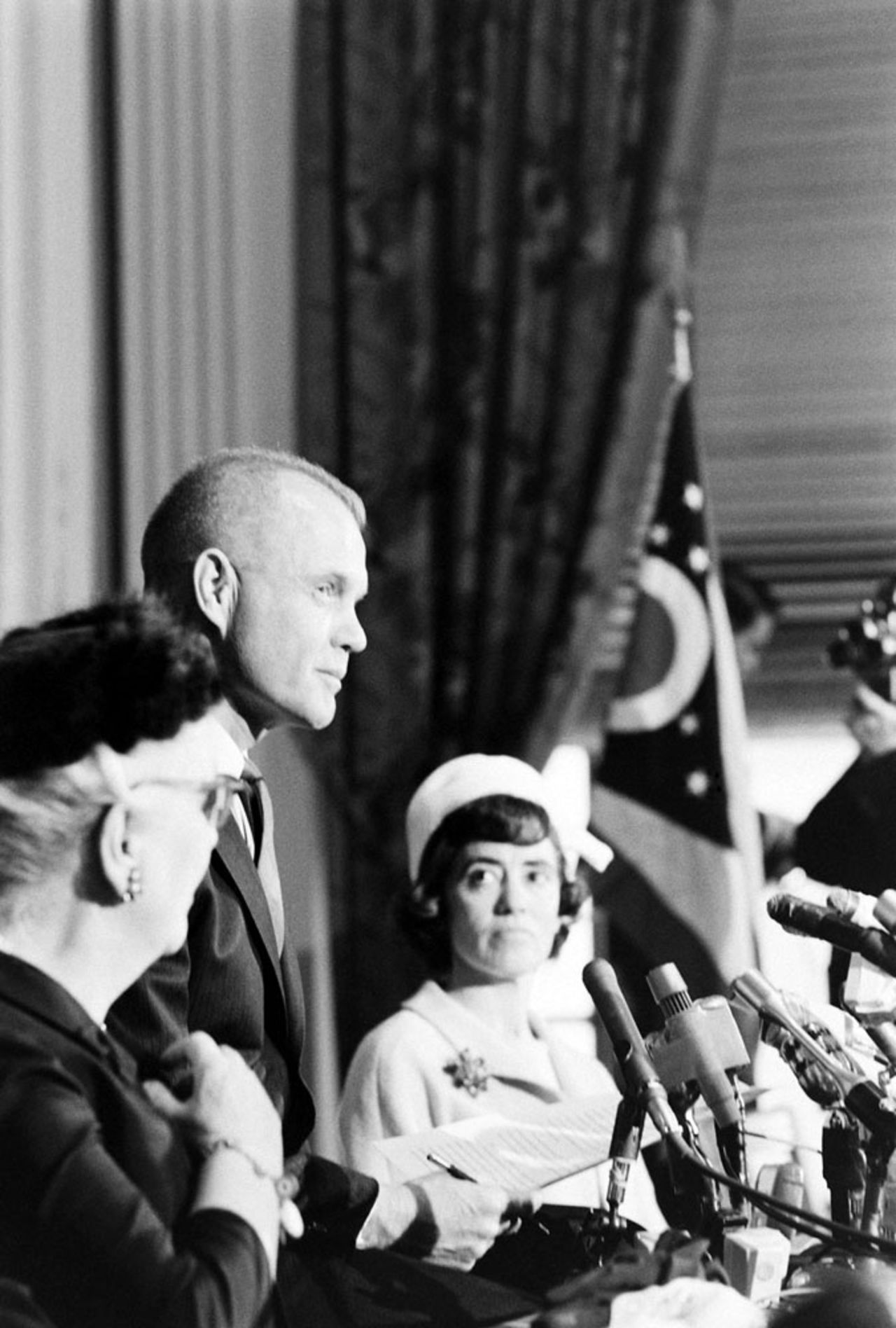 Glenn announces his candidacy for US Senate in 1964. "In his only previous contacts with high-level politicians of both parties," Life magazine wrote, "Glenn has been the object of admiration and affection; for the people in general he has been virtually above reproach. Now, suddenly, his hero's immunity is gone. He must stand still for hard looks and hard questions by men who have long studied all the answers."