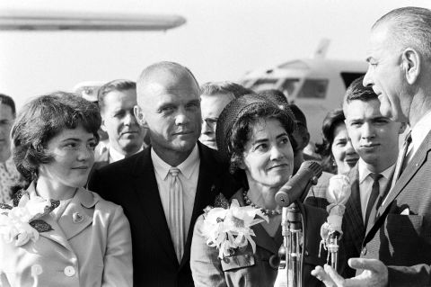 Glenn and his family visit with Vice President Lyndon Johnson, far right, two days after his historic orbital flight aboard Friendship 7 in February 1962.