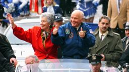 John Glenn and his wife Annie, along with the crew of the recently completed Space Shuttle Discovery mission, parade up Broadway's 'Canyon of Heroes' in November 1998 as the crew were given a ticker tape parade. 