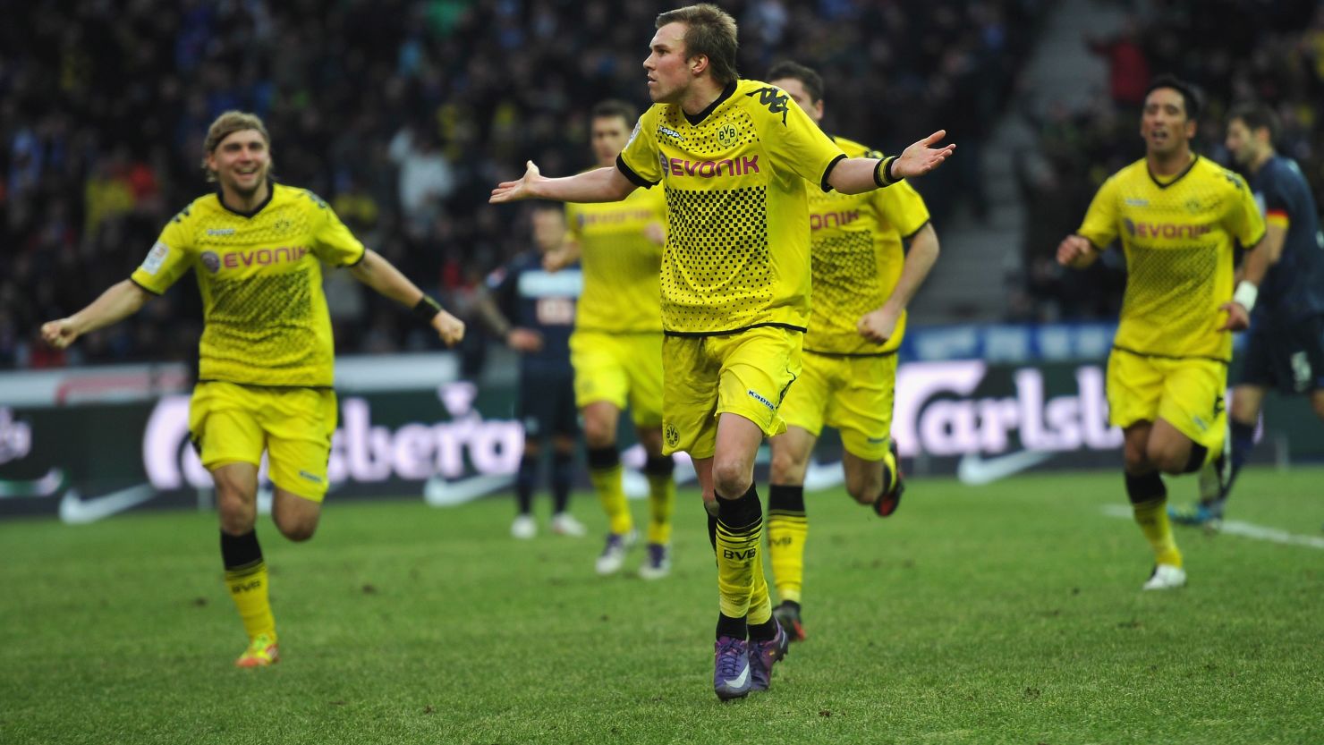 Kevin Grosskreutz celebrates scoring Borussia Dortmund's winner in their Bundesliga match against Hertha Berlin on Saturday.