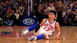 NEW YORK, NY - FEBRUARY 17: Jeremy Lin #17 of the New York Knicks falls to the court against the New Orleans Hornets at Madison Square Garden on February 17, 2012 in New York City. NOTE TO USER: User expressly acknowledges and agrees that, by downloading and/or using this Photograph, user is consenting to the terms and conditions of the Getty Images License Agreement. (Photo by Chris Trotman/Getty Images) 