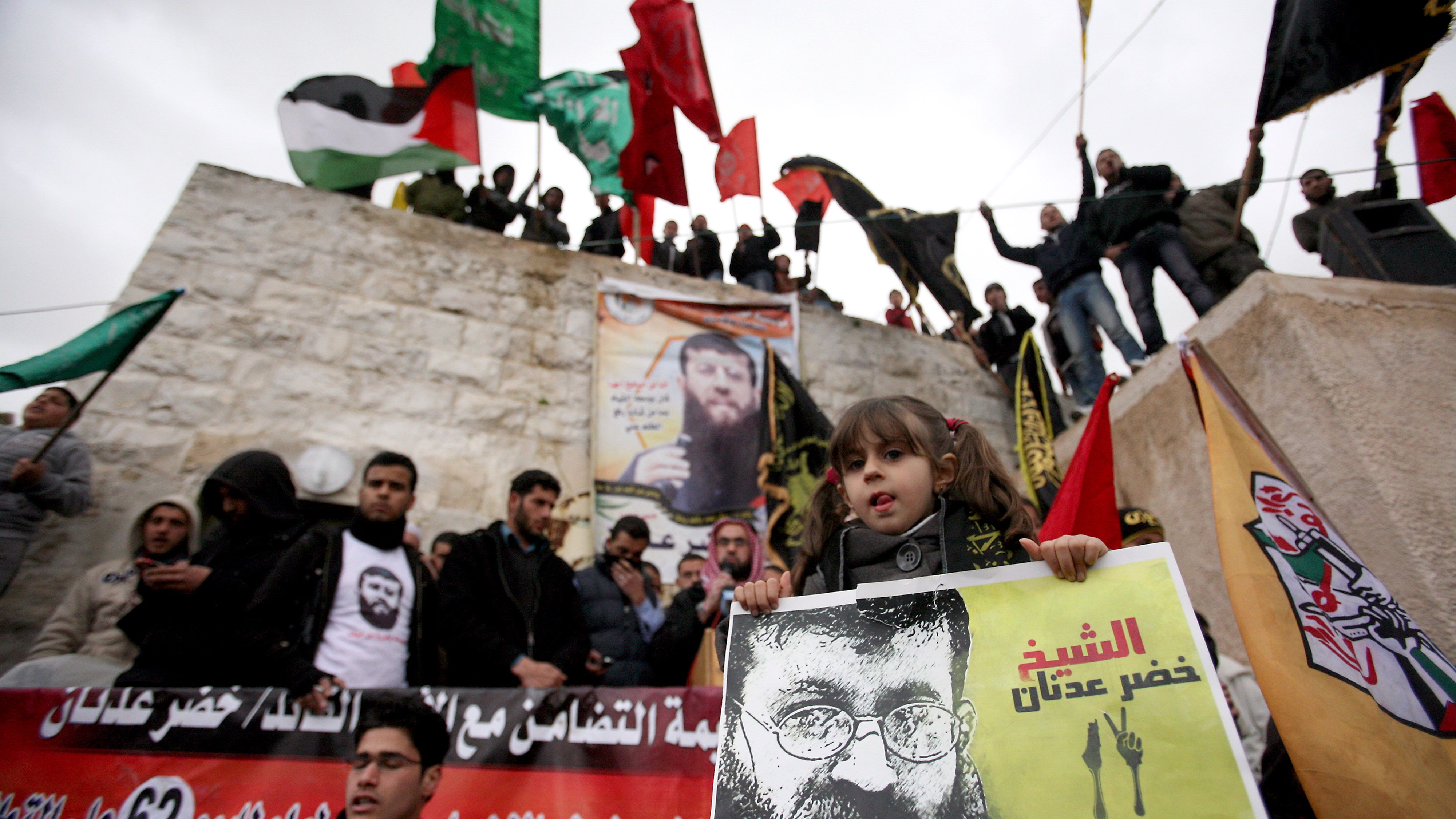 Palestinian prisoner Khader Adnan's daughter Maali takes part in a protest in support of her father, who is on hunger strike.