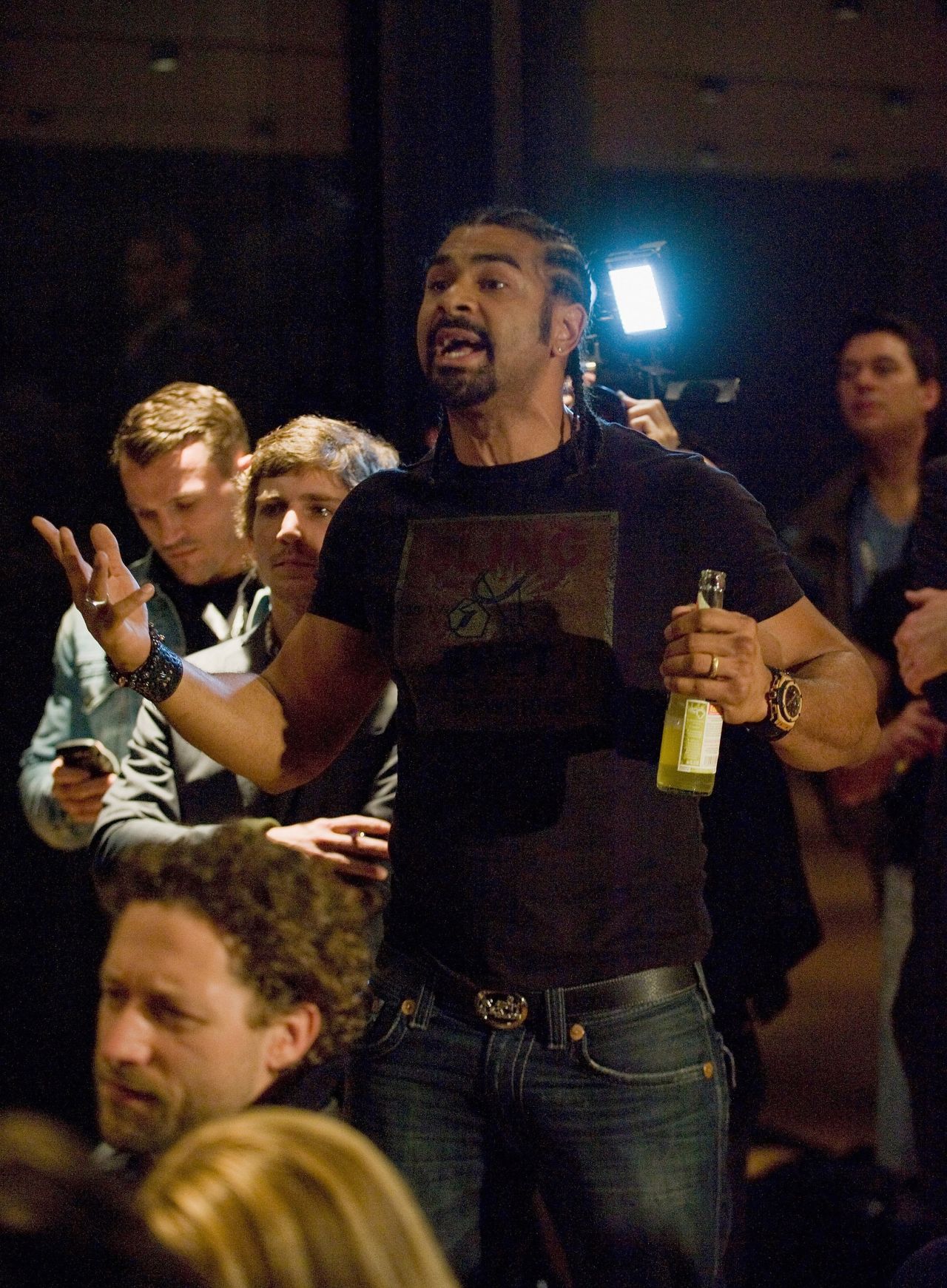 Former WBA heavyweight champion David Haye argues with Dereck Chisora moments before they brawled in Germany on Saturday.