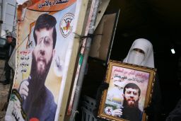 The wife of Palestinian prisoner Khader Adnan, protests his detention near the West Bank city of Jenin, on February 18, 2012.