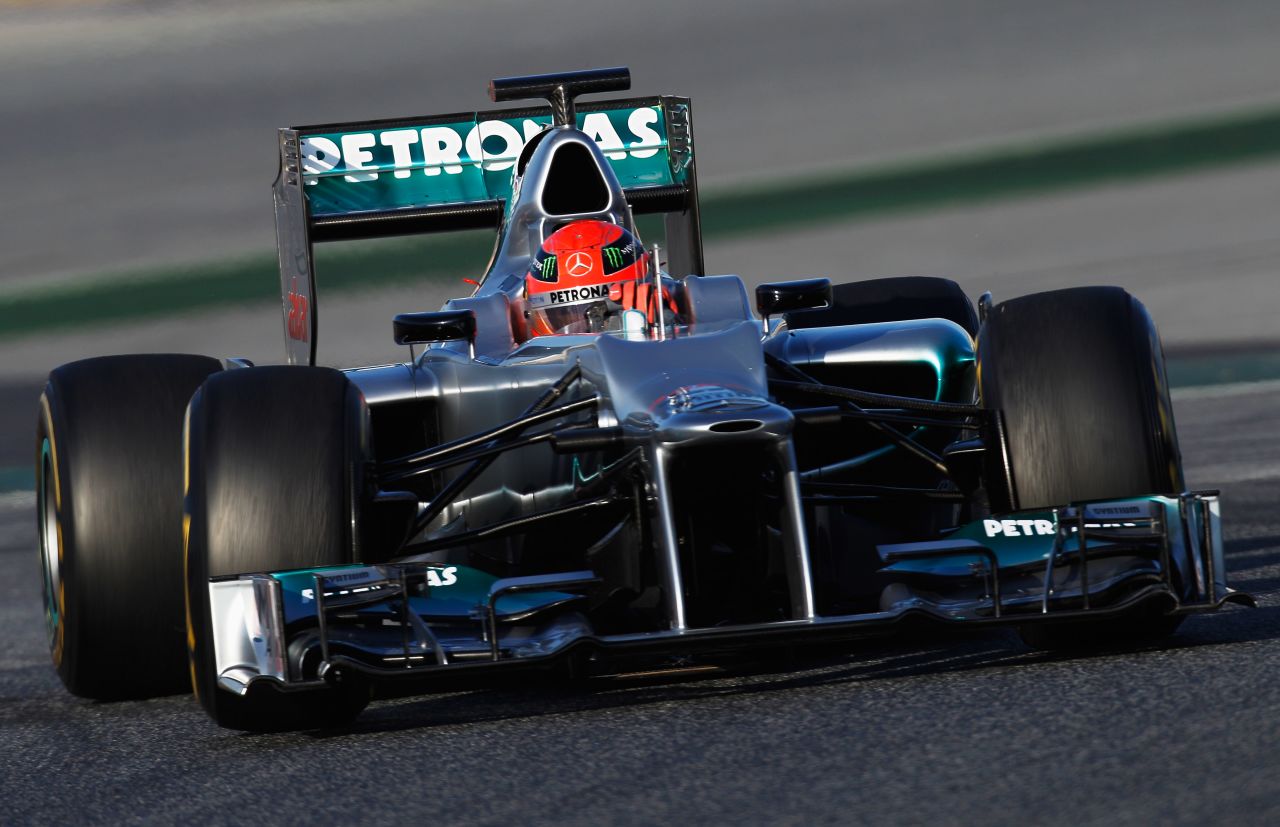 Seven-time world champion Michael Schumacher gets behind the wheel of the new  F1 W03 at an official preseason test event in Barcelona.