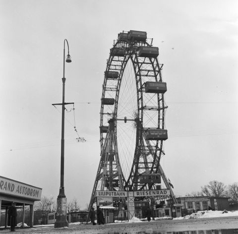 The famous Ferris wheel at the Prater amuseument park pictured around 1955, and which features in the Graham Greene-penned noir film "The Third Man."