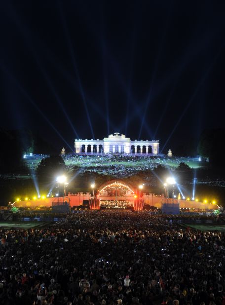 The city is a world-class destination for music lovers, and was once home to both Mozart and Beethoven.<br /><br />Pictured is the Vienna Philharmonic Orchestra performing an open air concert against the backdrop of Schoenbrunn Palace in June 2011.