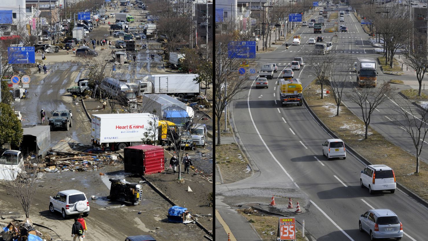Image from the town of Tagajo in Miyagi prefecture contrasts the post-disaster chaos with the same scene a year later.