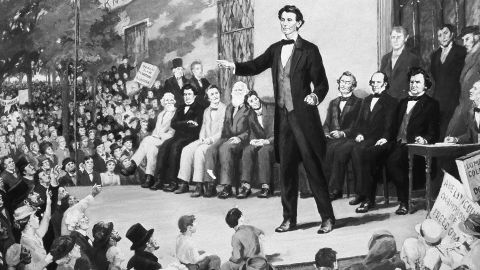 An illustration depicts an 1858 Lincoln-Douglas debate: Avlon says today's GOP campaigns are more Buster Douglas.