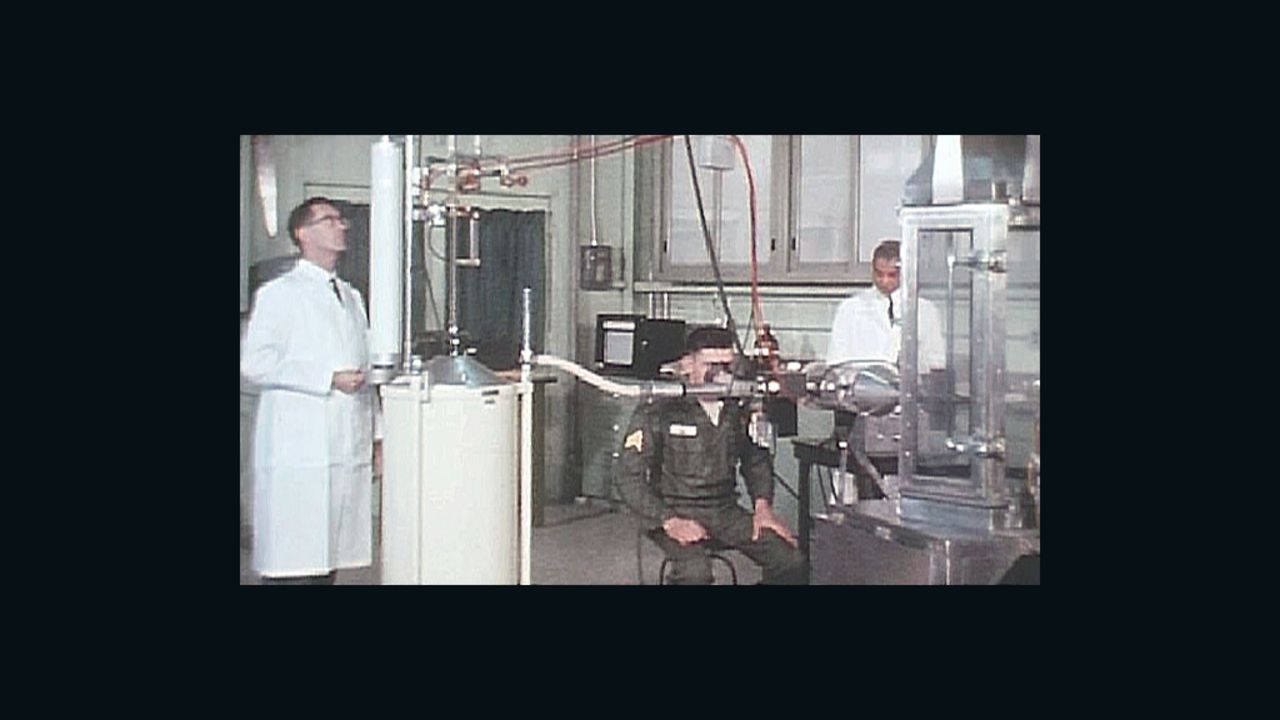 A soldier volunteer and researchers conduct a test in 1963 at the Army's Edgewood Chemical Biological Center.