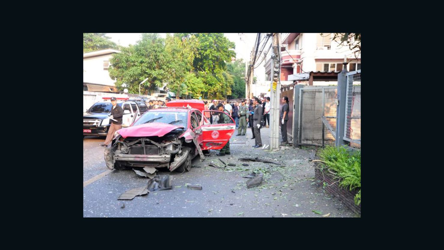 A shattered car at a Bangkok bombing crime scene on Wednesday, February 22, 2012. 
