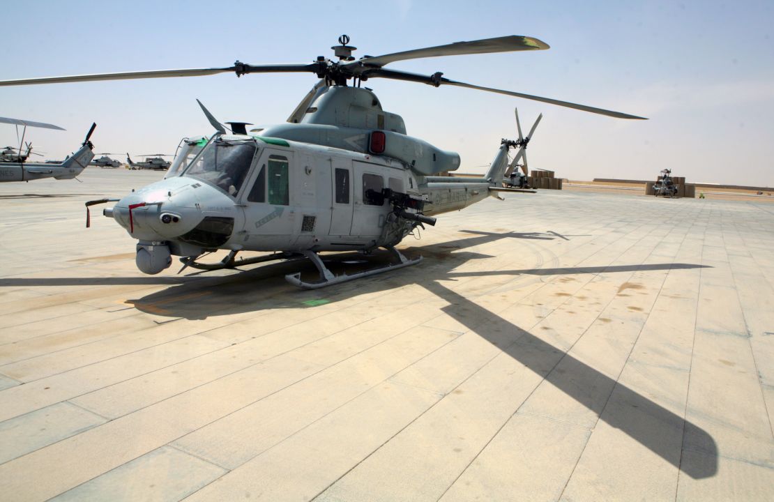 This UH-1Y Huey is on the flight line at Camp Bastion, Afghanistan.