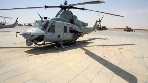This UH-1Y Huey is on the flight line at Camp Bastion, Afghanistan.
