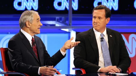 U.S. Rep. Ron Paul and former Sen. Rick Santorum participate in a debate co-sponsored by CNN.