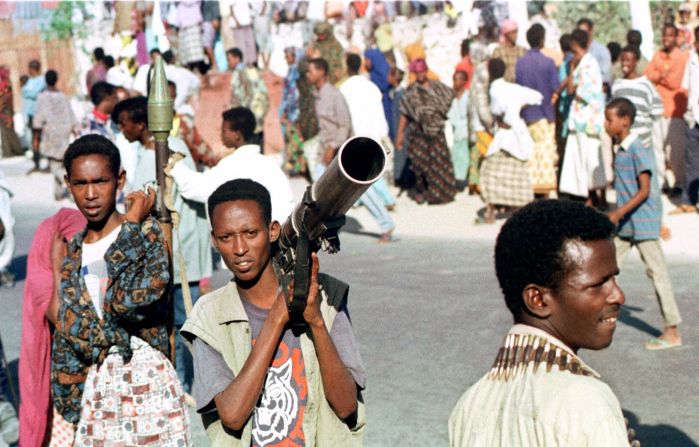 The one thing more persistent than famine, however, has been the ever-present conflict between warlords and sectarian militia groups. In this photo from 1997, Somali gunmen hold rocket launchers on the streets of Mogadishu after local warload Ali Mahdi Mohamed accused his rival Hussein Aidid of setting up roadblocks in the streets of the capital.