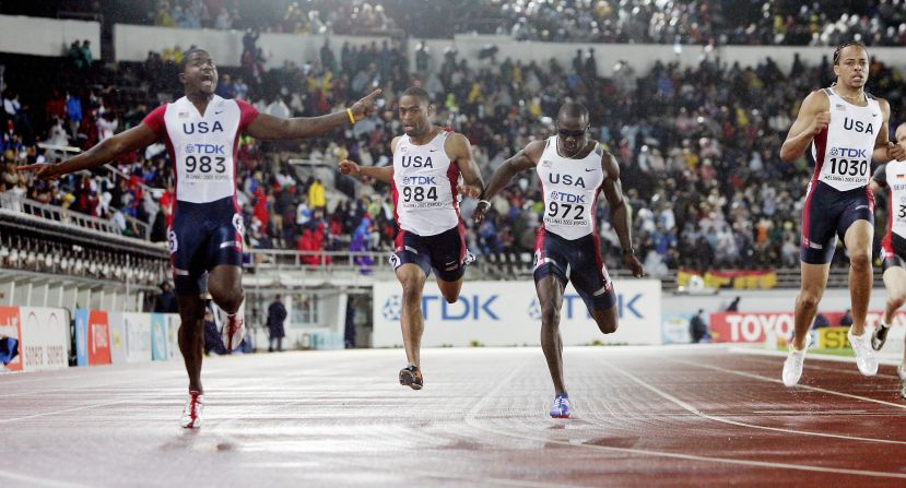 Gay's first outing at the World Championships at Helsinki's Olympic Stadium in 2005 ended without a medal. Here he can be seen (second from left) finishing fourth in the 200m final.
