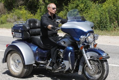 Putin rides a Harley-Davidson to an international biker convention in southern Ukraine on July 14, 2010.