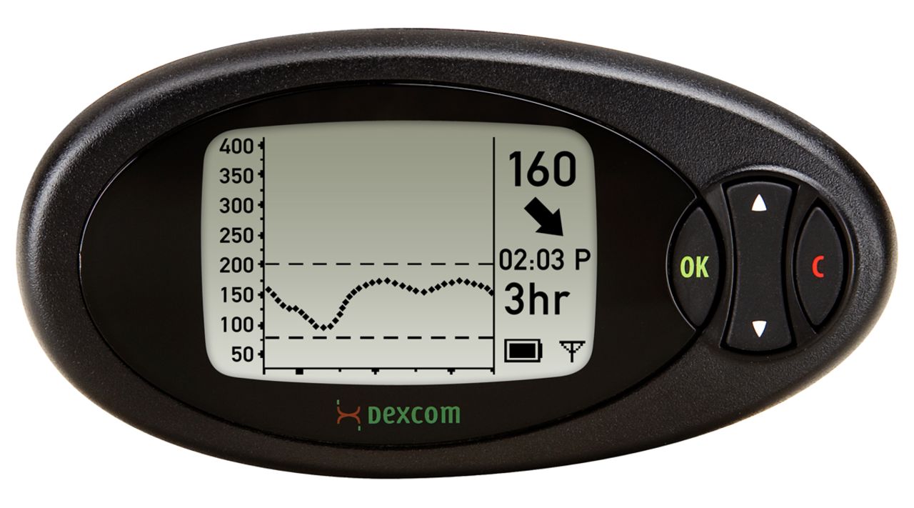 Dexcom Seven Plus Continuous Glucose Monitoring system features a sensor implanted under the skin to provide a continuous reading of glucose levels. The sensor transmits blood sugar measurements to a cellphone-sized receiver every five minutes. 