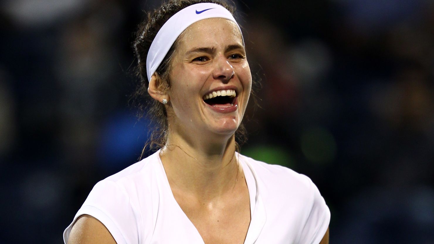 Julia Goerges celebrates her semifinal victory over Caroline Wozniacki in Dubai.