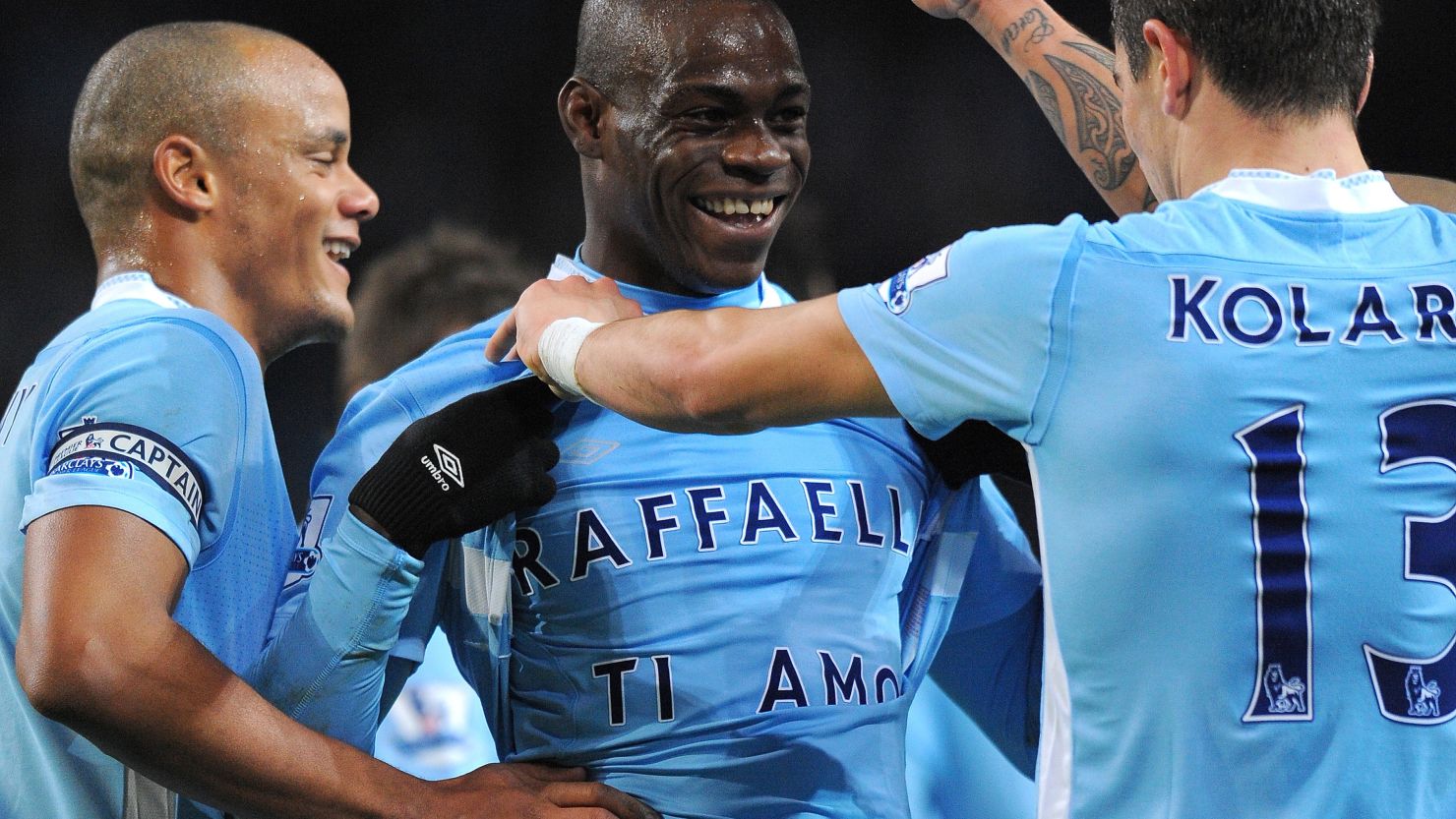 Manchester City striker Mario Balotelli, center, dedicated his goal against Blackburn to his girlfriend.
