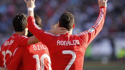 Cristiano Ronaldo celebrates after scoring for Real Madrid against Rayo Vallecano.