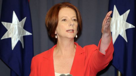 Australian PM Julia Gillard is pictured after emerging victorious from the Labor leadership challenge in Canberra on February 27.