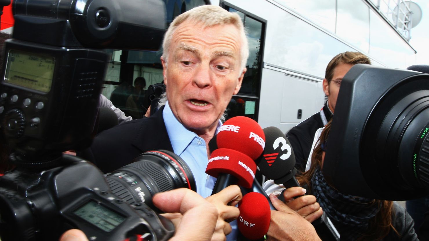 Max Mosley is surrounded by the media during practice for the British F1 Grand Prix at Silverstone, England on June 19, 2009.