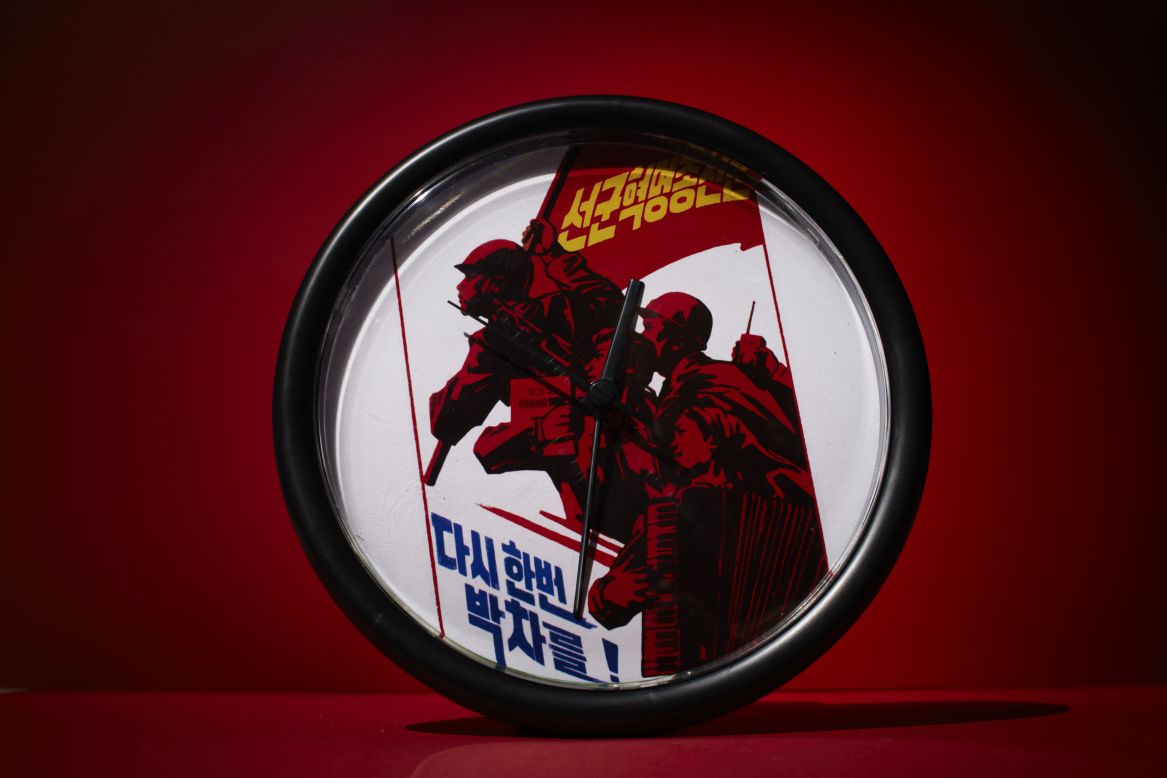 This battery-powered wall clock sells for $16.49, and in addition to telling the time, it tells you, "Let's Kick-Start the 'Military First' Policy." This was Kim Jong Il's policy of prioritizing the military's needs over food during the famine of the mid-1990s.