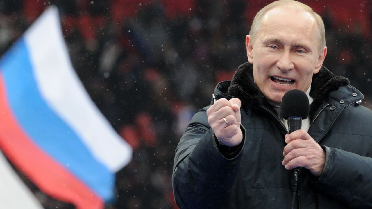 Vladimir Putin speaks at rally with his supporters in Moscow on February 23, 2012.