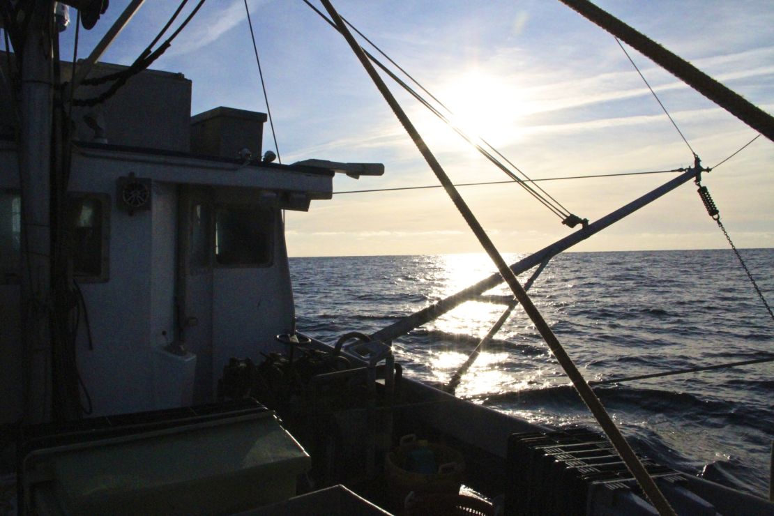 Sunrise aboard a fishing trawler in the Gulf of Maine.