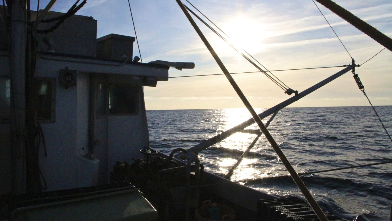 Sunrise aboard a fishing trawler in the Gulf of Maine.