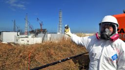 Kyung Lah checks radiation level at the Fukushima Dai-ichi nuclear power plant on February 28, 2012.