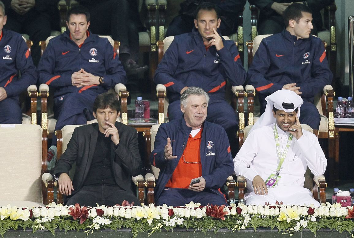 Paris Saint-Germain's main players: From left to right, general manager Leonardo, coach Carlo Ancelotti and president Nasser Al-Khelaifi.
