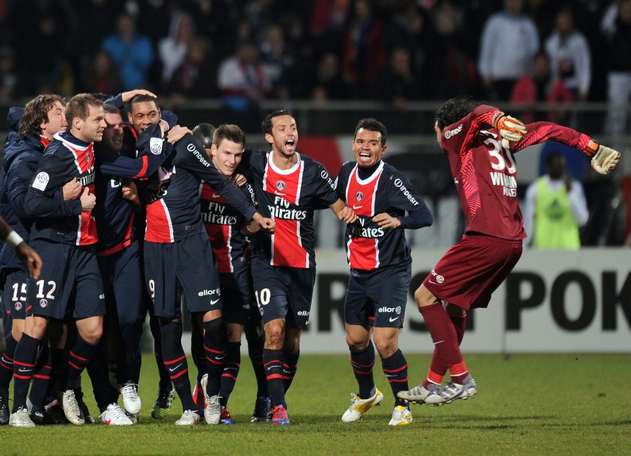 PSG are battling at the top of the table for their first Ligue 1 title in 18-years. Here, the players celebrate a late equaliser against 2008 French champions Lyon which secured a point in an enthralling 4-4 draw.